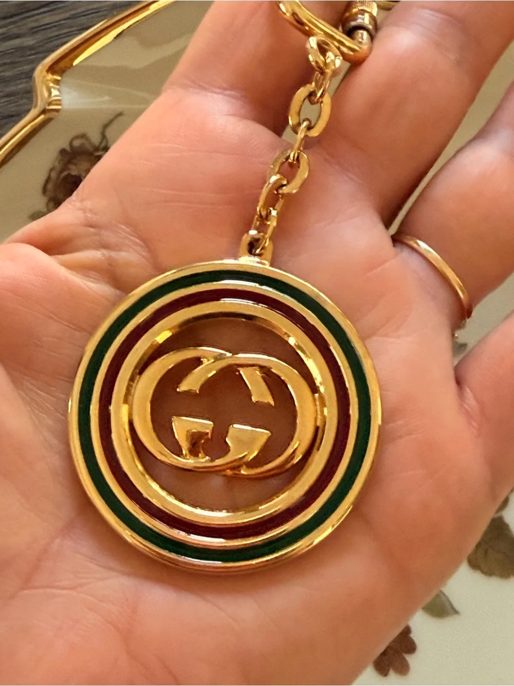 Gucci Gold Tone Keychain with Green and Red Accent